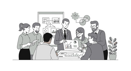 Collaborative Business Strategy Meeting: Teamwork and Data Analysis