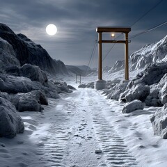 Snowy mountain path with cable car supports under a bright moon
