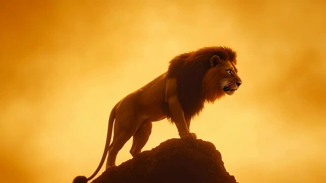 Majestic lion stands proudly on rocky outcrop, showcasing beauty of wildlife against vibrant sunset sky, true symbol of strength.