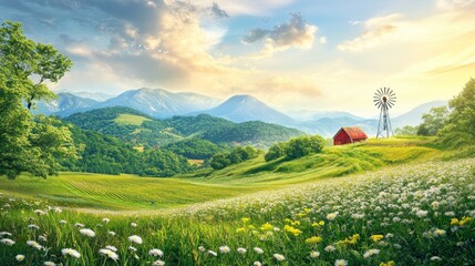 Rural landscape with red barn, rolling hills, wildflowers, and mountains at sunrise