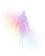 Obraz premium A silhouette of a person walking through a colorful mist. The figure is indistinct, blending into the vibrant background of soft hues.