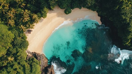 Aerial view of a secluded tropical beach cove, surrounded by lush greenery and turquoise water