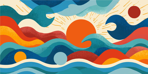  An ocean with abstract shapes and vibrant colors. Flat design of stormy sea waves, simple shapes, vibrant colors