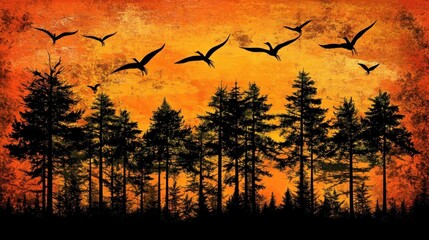 Silhouetted forest at sunset, birds in flight, textured orange background