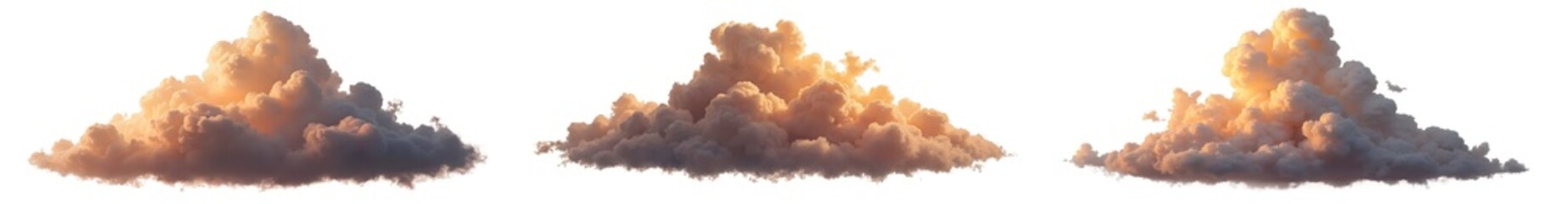 Three fluffy cumulus clouds, illuminated by a warm sunset glow, isolated on transparent background