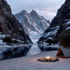 Snowy mountain valley with serene lake and campfire