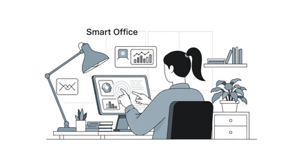 Smart Office: Woman Analyzing Data on Computer Screen