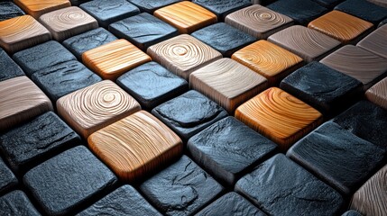Geometric pattern of wooden and dark stone squares
