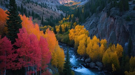 Autumnal canyon with vibrant red and yellow aspen trees lining a rushing river