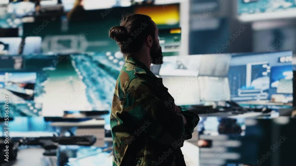 Poster young soldier working in command center with satellite surveillance integrating data, intelligence a