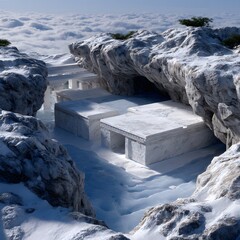 Snowy mountaintop, white structures nestled in a rocky canyon, clouds in the background