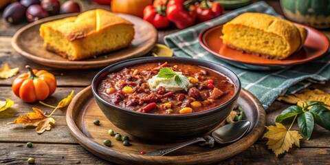 Hearty bowl of chili with crusty cornbread on a rustic wooden table