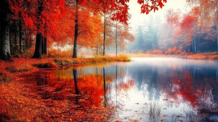 Autumnal forest reflecting in a calm lake