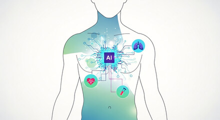 AI chip integrated into human body outline with medical icons symbolizing health tech diagnostics and future medicine