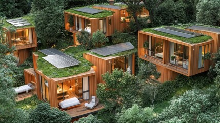 Aerial view of eco-friendly wooden cabins nestled within a lush forest