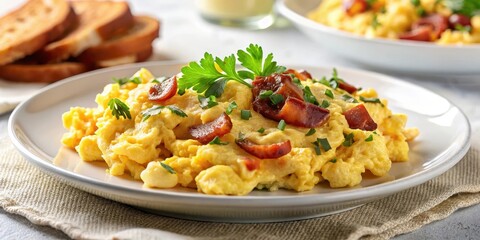 Fluffy scrambled eggs with crispy bacon and tangy mustard on a white plate background