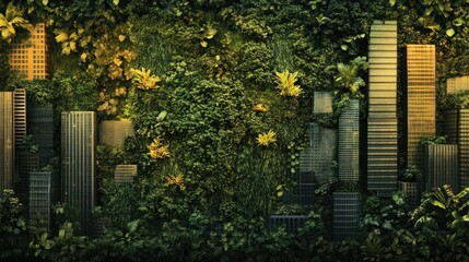 Cityscape nestled within a lush green wall