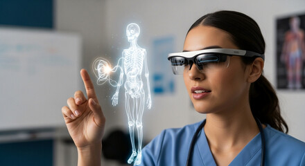 Female doctor using augmented reality glasses to view and interact a glowing human skeleton hologram for medical education and diagnostics