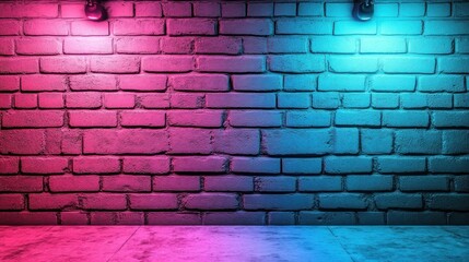 Brick wall illuminated by vibrant pink and teal lights