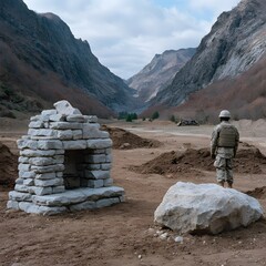 Soldier stands guard near a stone fireplace in a rocky valley