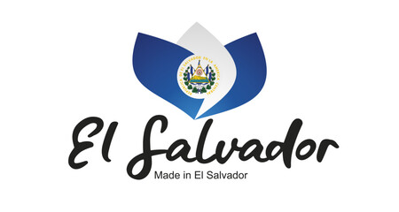 Made in El Salvador logo, sticker. Abstract El Salvador flag and ribbon in shape of leaf flower with handwritten typography lettering