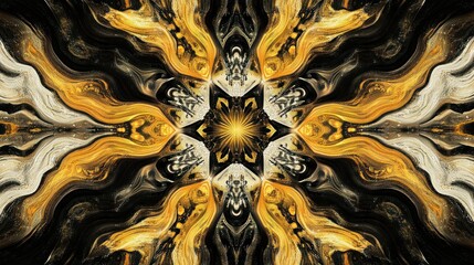 Abstract, symmetrical, fractal design with flowing, golden-orange, black, and white patterns radiating from a central starburst