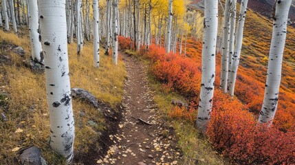 Autumnal path winds through aspen grove