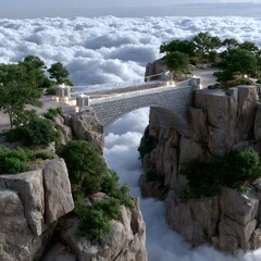 Stone bridge spanning a chasm above clouds, with rocky cliffs and greenery