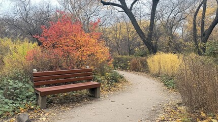 Autumn park path with bench