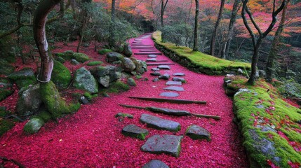 Autumnal pathway through a serene Japanese garden