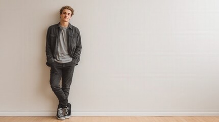 Casual Young Man Leaning Against a Wall in a Modern Interior Setting