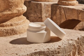 Open cream jar on sun-drenched stone