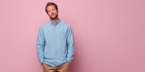 Confident Young Man Posing Against a Pink Background in Casual Attire