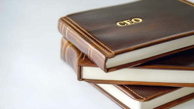 Stack of leather bound CEO notebooks on white background