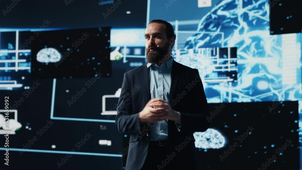 Aufkleber technician specialist making ai brain neural networks business pitch at a tech convention, hosting a