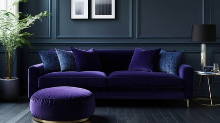 Luxury royal blue couch and ottoman in a modern living room interior design concept. Comfortable home furniture set for relaxation.