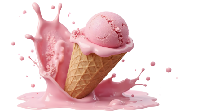 A pink ice cream scoop explodes from a waffle cone, isolated on transparent background, in a delightful splash of creamy sweetness