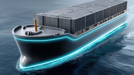Digital representation logistic transportation. Futuristic cargo ship with glowing accents sailing through calm waters, showcasing modern maritime design and technology.