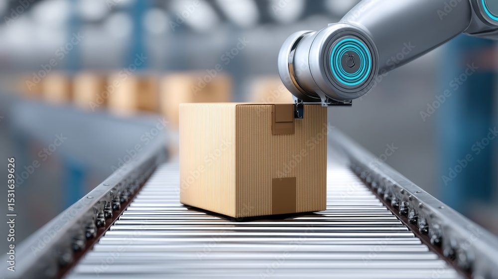 Poster digital representation logistic transportation. a robotic arm places a wooden package on a conveyor 