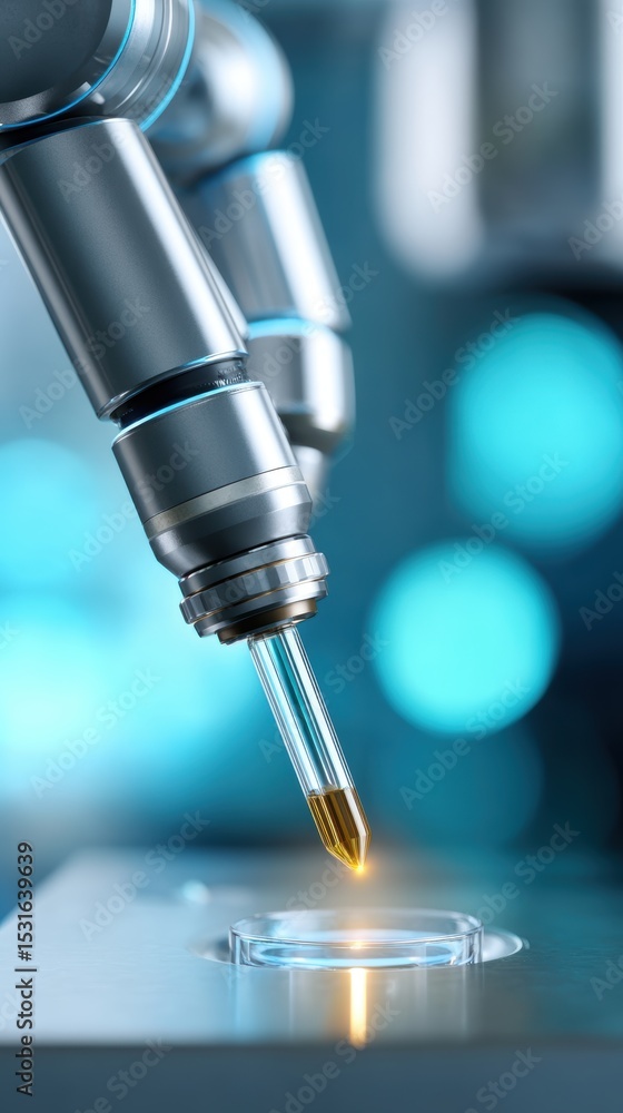 Poster dna analysis investigation in forensic technology. a robotic arm precisely positions a tool over a c