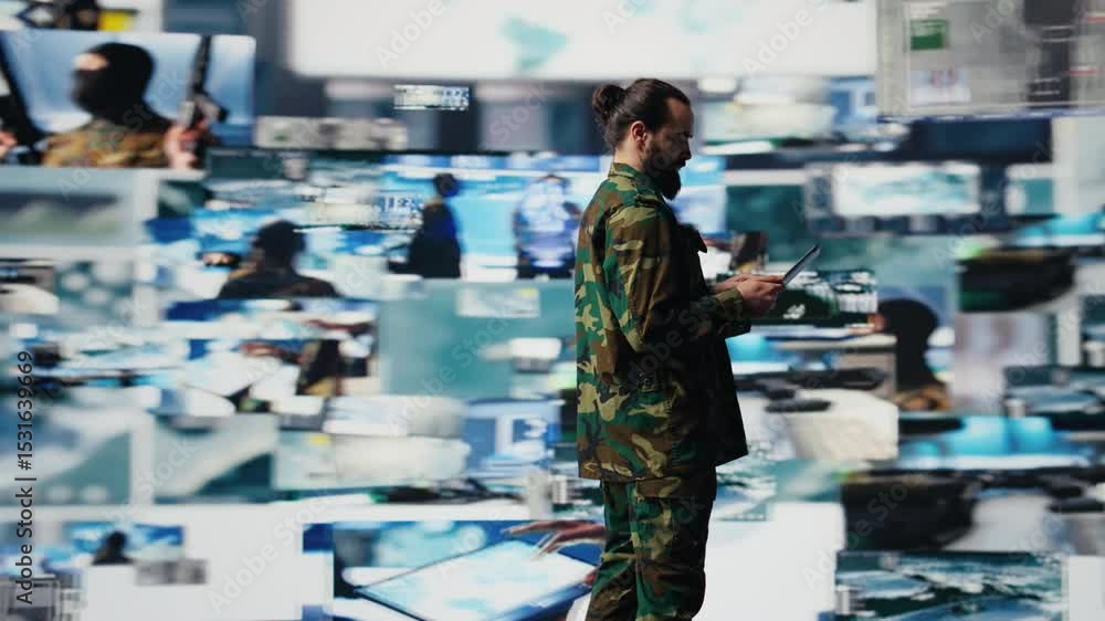 Aufkleber army officer working in a virtual war zone with digital tech and satellite data, using threat detect