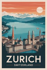 Vintage Zurich Travel Poster with Lake View and Swiss Alps – Retro Switzerland Cityscape Illustration