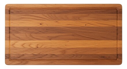 Wooden cutting board with juice groove on a white background.