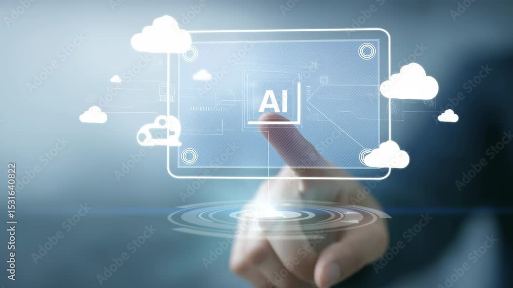 Poster exploring digital interaction closeup of hand and ai interface technology in cloud innovation
