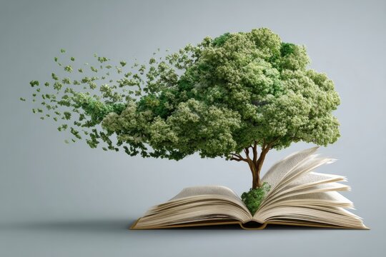 Open book with a stylized green tree, leaves dissipating