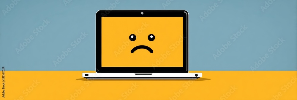 Poster Website Crash Screen Displaying a Frowning Emoji on a Clean Right Zone With a Laptop on a Bright Background