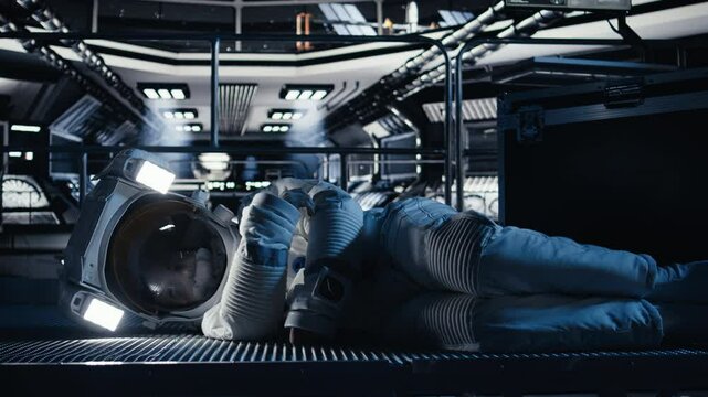 Cosmonaut collapses from sudden illness during major space station failure starting critical alert. Warning lights flashing over unconscious astronaut suffering medical crisis in spacecraft, camera A