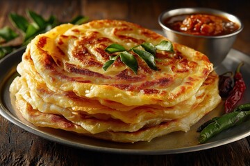 Layered Parottas Served With Spicy Curry On Steel Plate, Glowing With Ghee