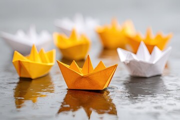 Several origami boats, yellow and white, on a dark surface with reflections