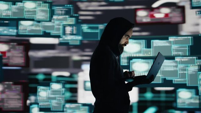 Male hacker operates in stealth mode breaching system access through coding, bypassing firewalls and exploiting vulnerabilities in network security for cyber crime and infiltration. Camera B.